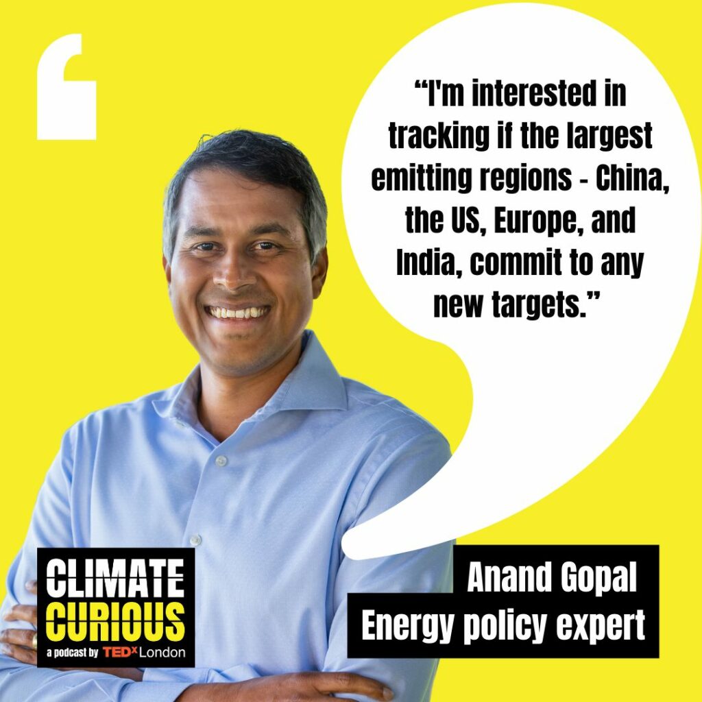 Graphic for Anand Gopal's appearance on TEDxLondon's Climate Curious to discuss COP28