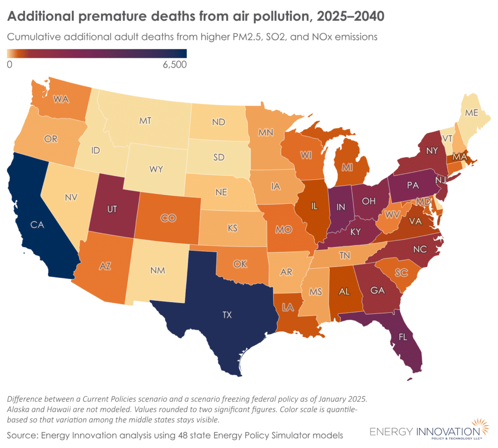Additional premature deaths from air pollution, 2025–2040