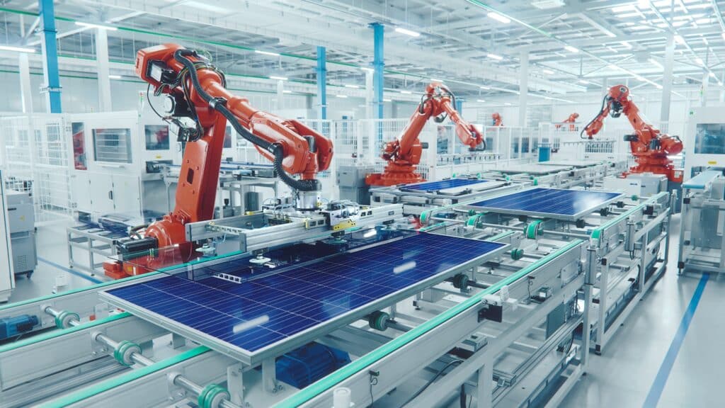 Industrial production line for solar panels, Shutterstock ID#2303169369