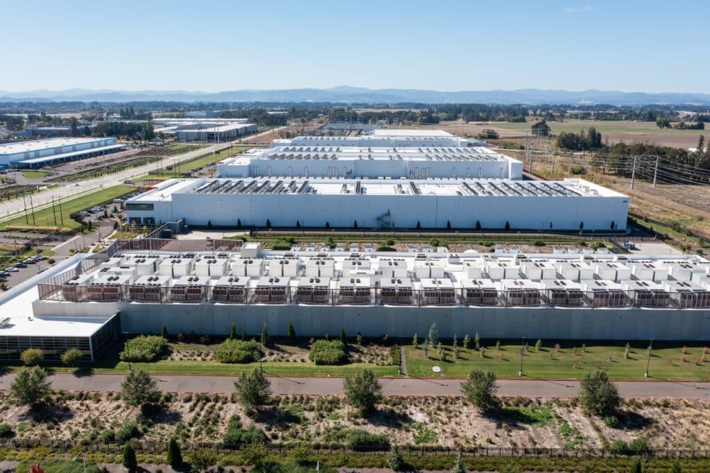 Aerial picture of QTS Hillsboro data center buildings with rooftop HVAC cooling units in Hillsboro, Oregon, Shutterstock ID#2685684165